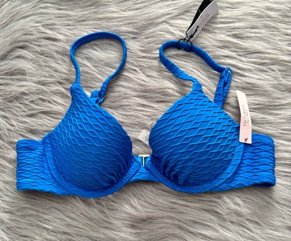 Victoria's Secret Nwt Blue Textured Underwire Icon Swim Bikini Top 32DD
